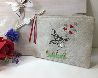 Fairy zip purse, linen coin purse, embroidered linen pouch , cosmetic  zipped bag, flat zip purse, custom fabric case, Cosmetic Zipped Pouch