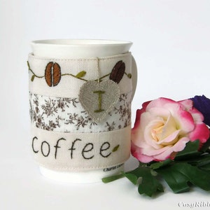 Coffee Cup Cozy , Coffee Mug Warmer, Coffee Cup Sleeve , Ivory Linen Cup Sleeve, Personalized Cup Warmer , I love Coffee Mug Warmer