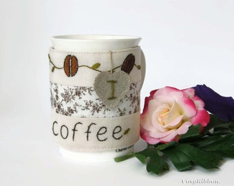 Coffee Cup Cozy , Coffee Mug Warmer, Coffee Cup Sleeve , Ivory Linen Cup Sleeve, Personalized Cup Warmer , I love Coffee Mug Warmer