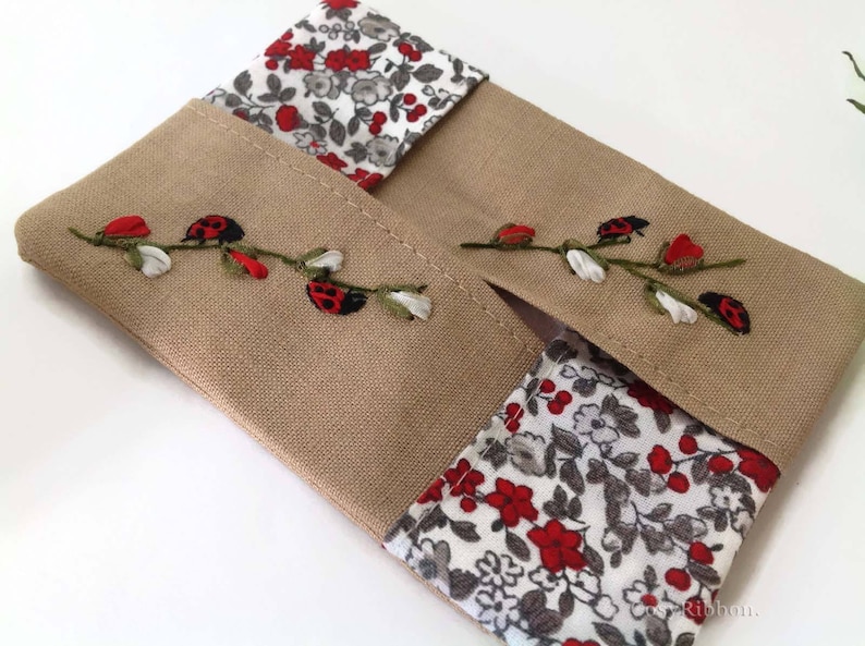 Handmade Linen Pocket Tissue Holder: Embroidered Ladybugs image 3