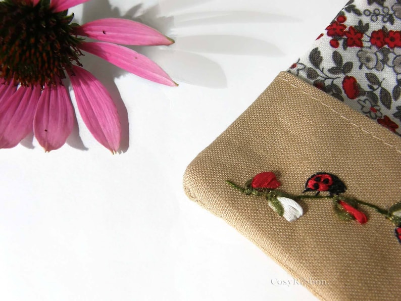 Handmade Linen Pocket Tissue Holder: Embroidered Ladybugs image 5