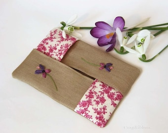 Flower tissue case, Linen Tissue , Pocket Tissue Holder, tissue  or handkerchief Case ,  Purse Tissue Case ,  Embroidered  Tissue Holder.