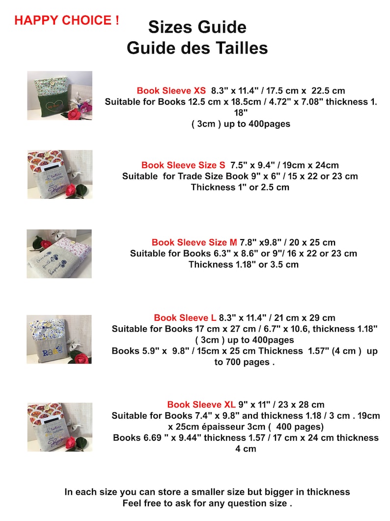 May include: A guide titled "Sizes Guide" with measurements for book sleeves. The guide includes sizes XS, S, M, L, and XL, with dimensions in inches and centimeters. Each size is suitable for different book sizes, with page capacity information.