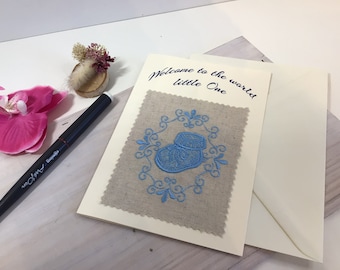 Welcome to the World, It's a Boy, Personalized New Baby Card, embroidered baby boy card , Customizable card , it's a girl card, blue card,