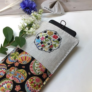 Japanese Fabric Phone Case, Padded iPhone Case, Phone Sleeve, Smartphone Pouch , Customizable Fabric Phone Case, Embroidered iPhone Pouch. Temari Black