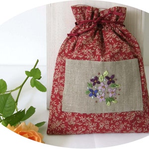 Linen and Cotton Pouch, travel drawstring bag, bag gor her, red flowers pouch, embroidered bag, keepsake jewelry bag, wedding favor pouch image 6