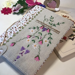 Embroidered Linen Book Cover: Floral Paperback, Journal Cover, customizable, various sizes