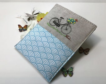 Embroidered Bicycle E-reader Case: Japanese Linen Tablet Sleeve