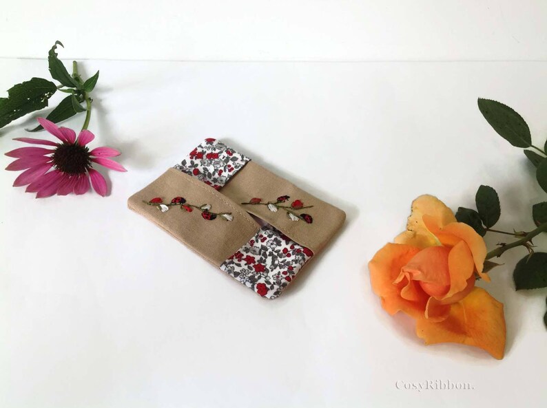 Handmade Linen Pocket Tissue Holder: Embroidered Ladybugs image 6