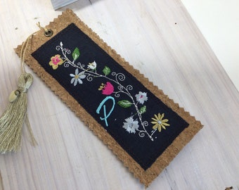 Flowered and Initial on Cork fabric Bookmark , Customizable bookmark , Golden Tassel and Cork Bookmark , bookish gift, Booklover gift,