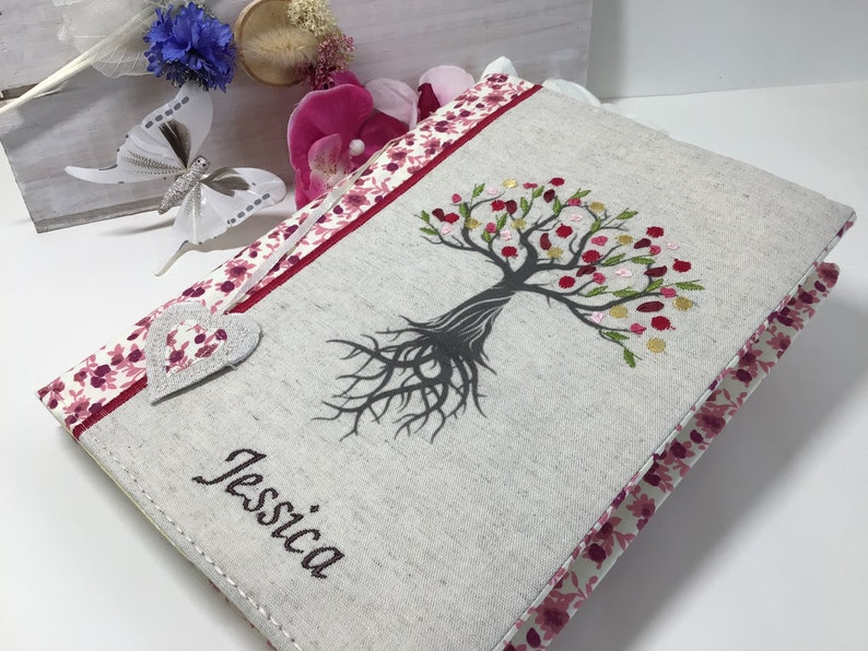 Book Cover, Bible Cover, Tree of Life Book Protector, Book Case, Custom Bible Cover, Trade Size Cover, Flowers, Book Cover, Purple Cover Dark Pink flowered