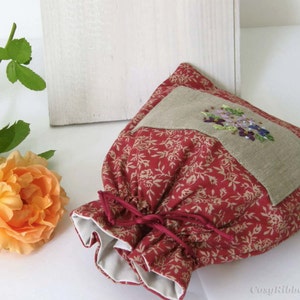 Linen and Cotton Pouch, travel drawstring bag, bag gor her, red flowers pouch, embroidered bag, keepsake jewelry bag, wedding favor pouch image 3