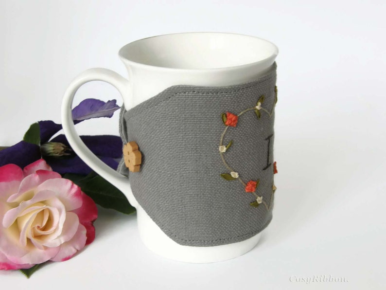 Tea Mug Cozy in Grey Linen Mug Warmer I Love Tea Silk Etsy