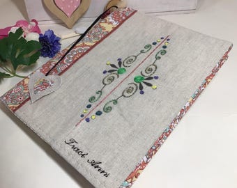 Funda de libro con estampado paisley bordado: tela reversible de lino y algodón, personalizable