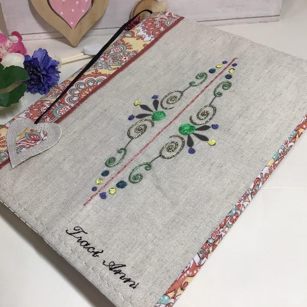 Embroidered Paisley Book Cover: Reversible Linen & Cotton Fabric, customizable