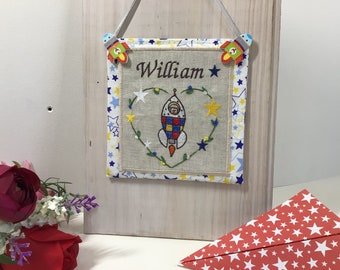 Customizable Name Door Sign- Boy  space themed door sign - Stars nursery sign, Blue door sign , Fabric Door sign, Embroidered Door sign