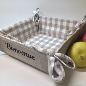 Fabric Storage Basket, Linen gigham Bread Bin, Collapsable Basket, Beige linen Organizer, folding storage basket, Folding Square Basket, With Personalization