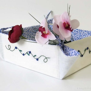 Linen Storage Basket , Handmade Square Fabric Basket , Linen and Silk Basket ,Linen Organizer Fabric Bread Bin , Embroidered Organizer