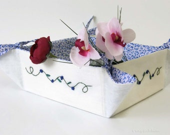 Handmade Linen Storage Basket: Embroidered Fabric Organizer, Collapsible, customizable