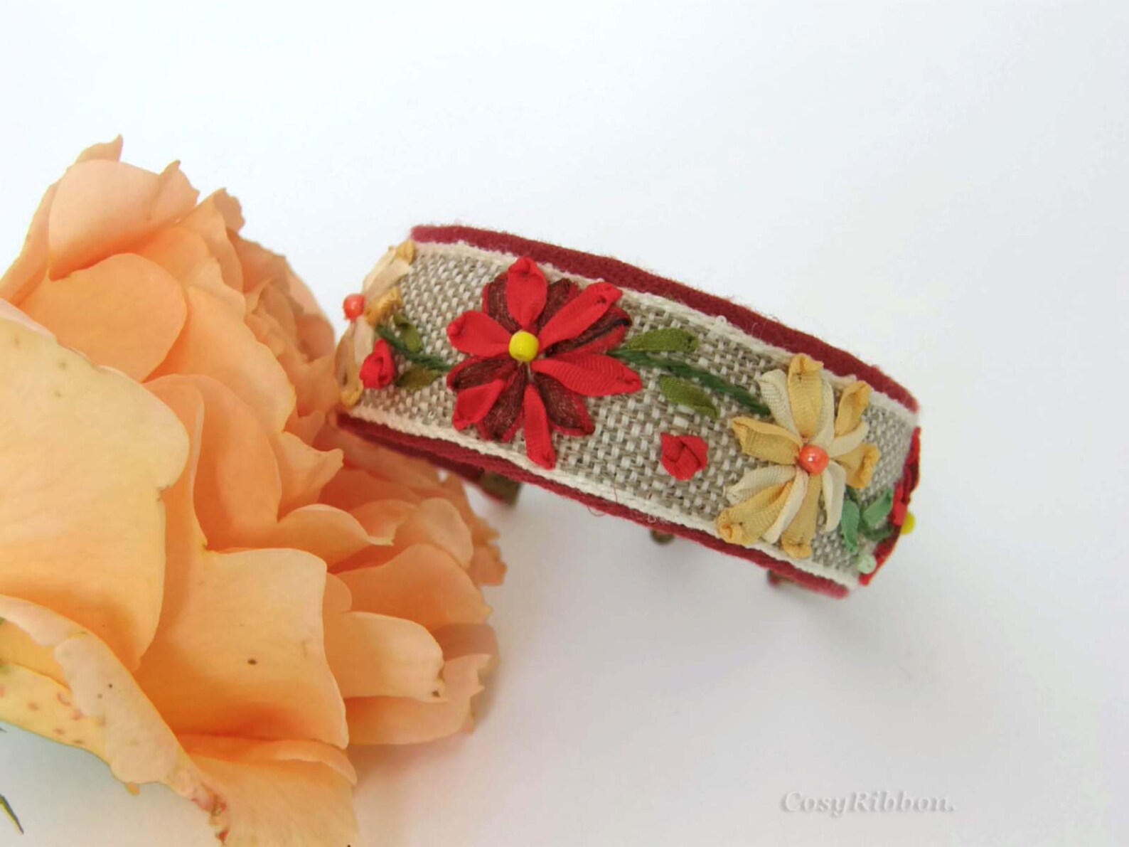 FREE Shippingred Floral Fabric Cuff Braceletgift for Her Handmade