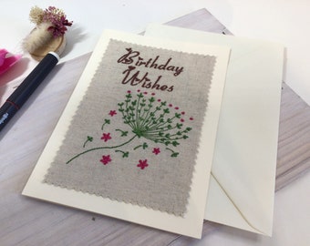 Birthday Wishes card, happy birthday card, Personalized  Card, embroidered  card , Customizable card , girl card, red and green card,