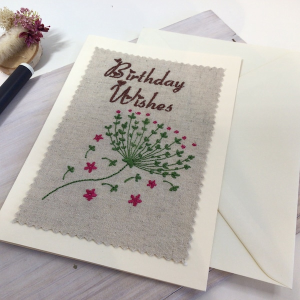 Carte brodée anniversaire, carte fleurs, carte double , carte 5 x7 , carte personnalisable , carte message,