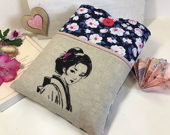 Embroidered Geisha Book Sleeve: Padded Fabric Book Cover, Customizable, Various sizes