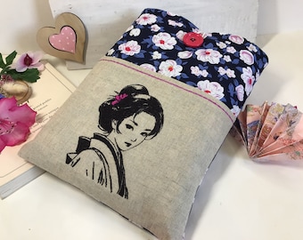 Fabric  And Padded  Book Sleeve with a Geisha Design Embroidered on outer Pocket, Customizable Sleeve, available in 5 Sizes, Bookish Gift