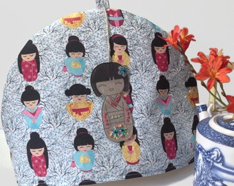 Tea Cosy, Kokeshi Tea  Cosy, Japanese Tea Cozy, Fabric tea Cozy, Kitchen & Tea Accessory, Gift idea for Tea Lover,  Blue tea Cosy, mum gift