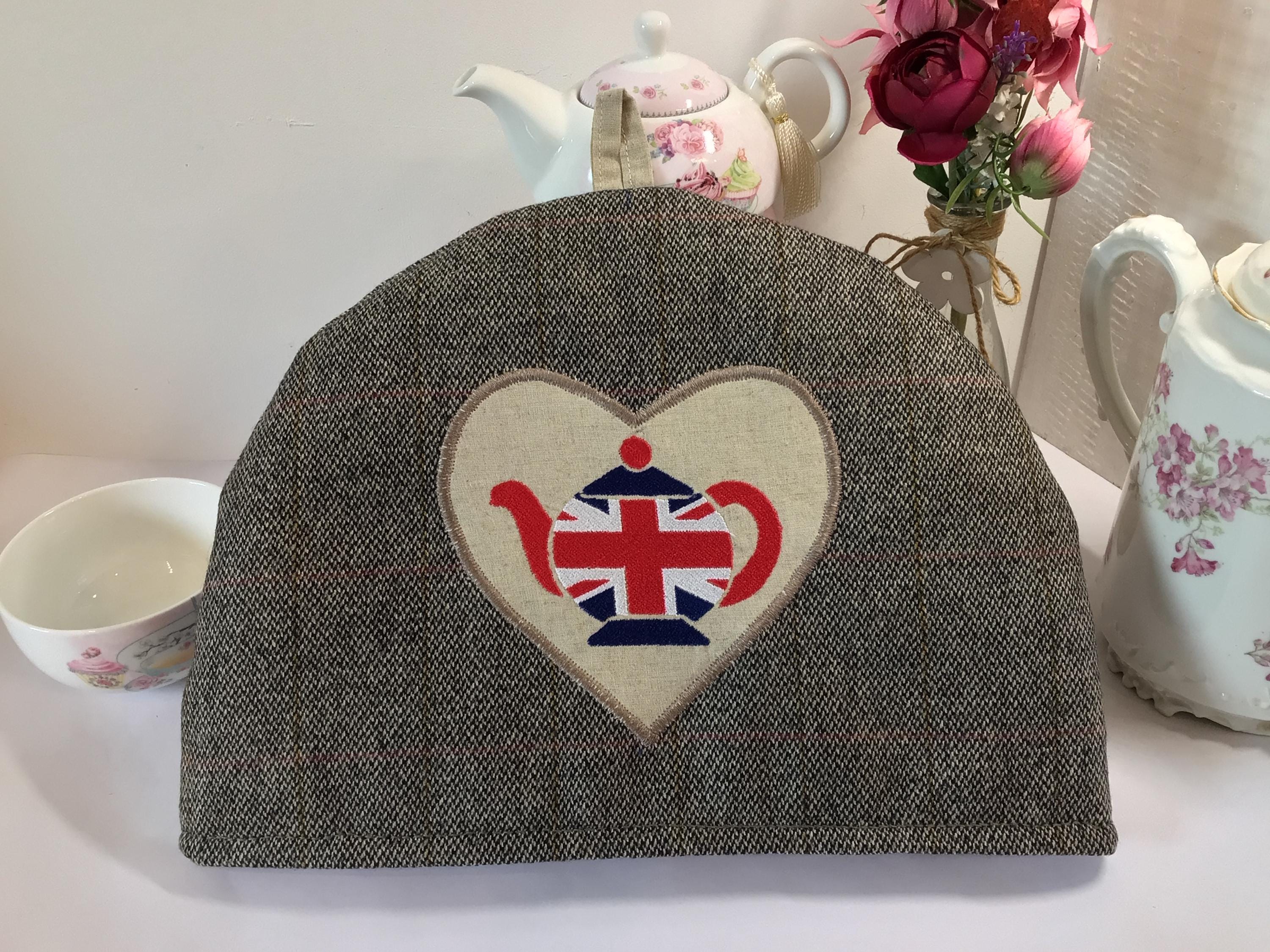 teacozyさんへ Embroidered Tweed Tea Cozy, Union Jack Teapot Cover, Linen Lined