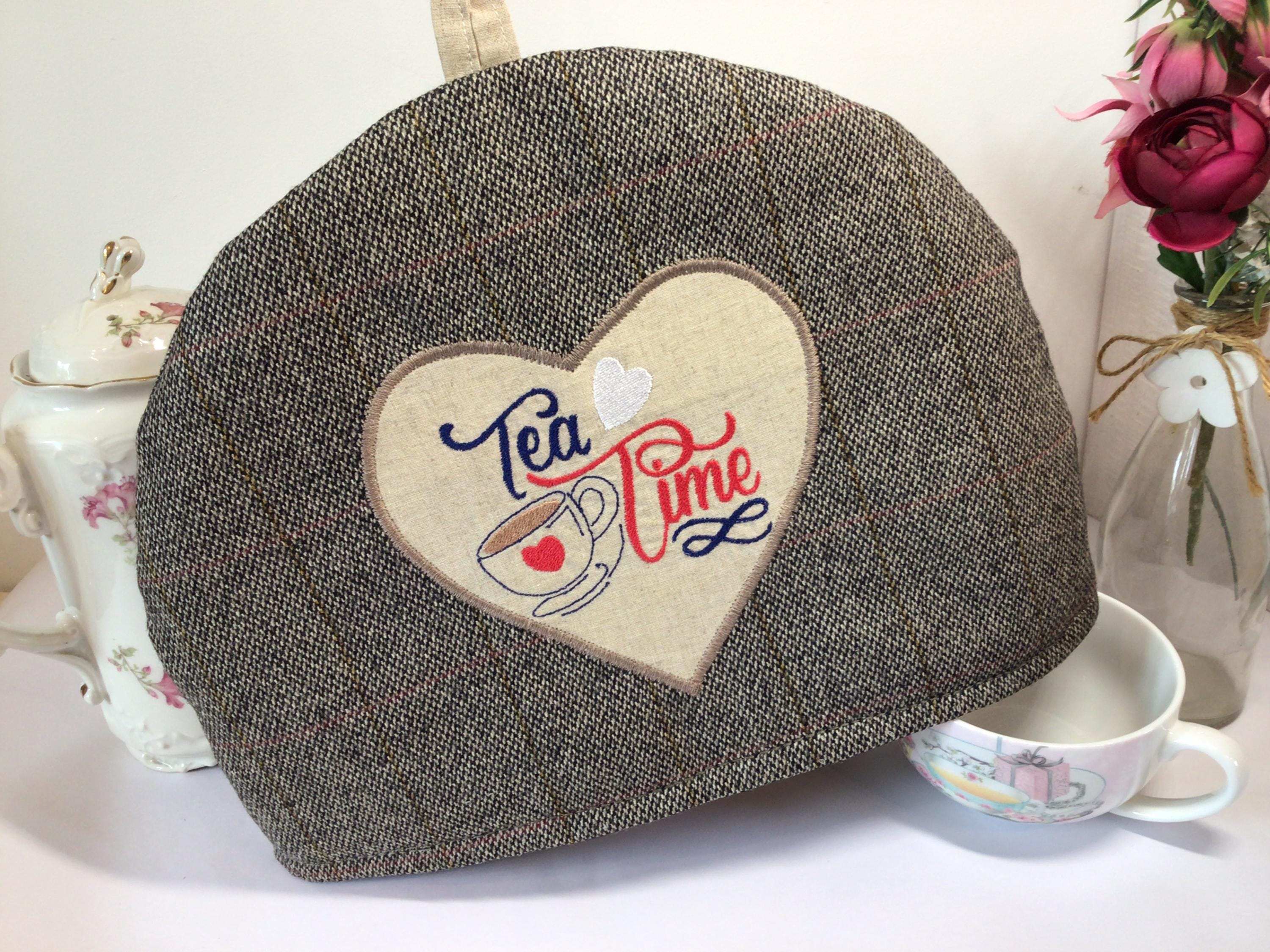 Embroidered Tweed Tea Cozy, Union Jack Teapot Cover, Linen Lined