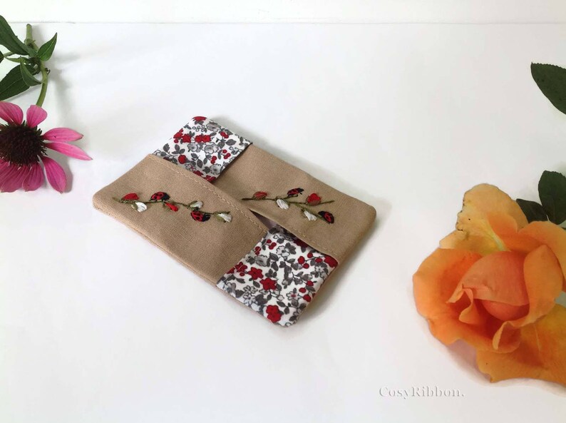 Handmade Linen Pocket Tissue Holder: Embroidered Ladybugs image 2