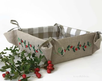 Cesta de pan de lino bordada a mano: organizador de cocina de estilo rústico y plegable.