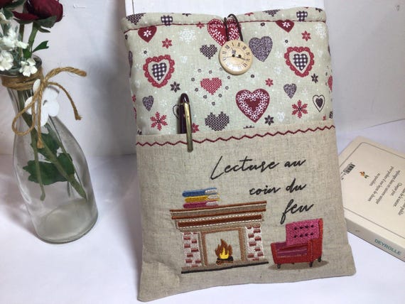 Embroidered Book Sleeve with Pocket, Fireplace Reading Design, Padded Book Pouch