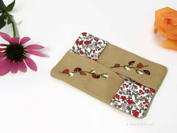 Handmade Linen Pocket Tissue Holder: Embroidered Ladybugs
