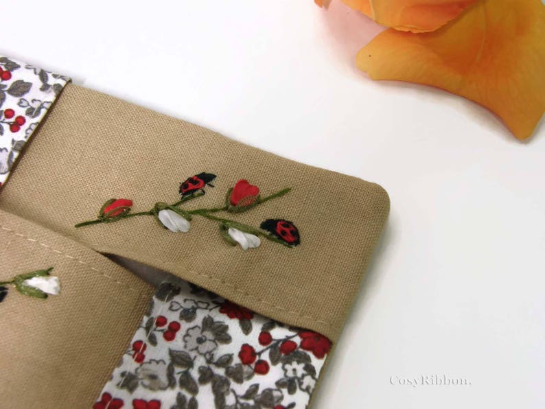 Handmade Linen Pocket Tissue Holder: Embroidered Ladybugs image 4