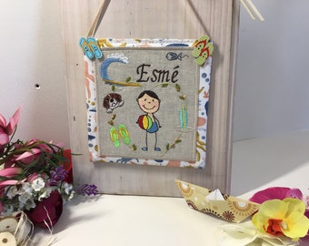 Custom name door sign themed beach, Baby boy door hanger, Custom sign for nursery, Personalized and Embroidered Door Sign- Fabric door sign
