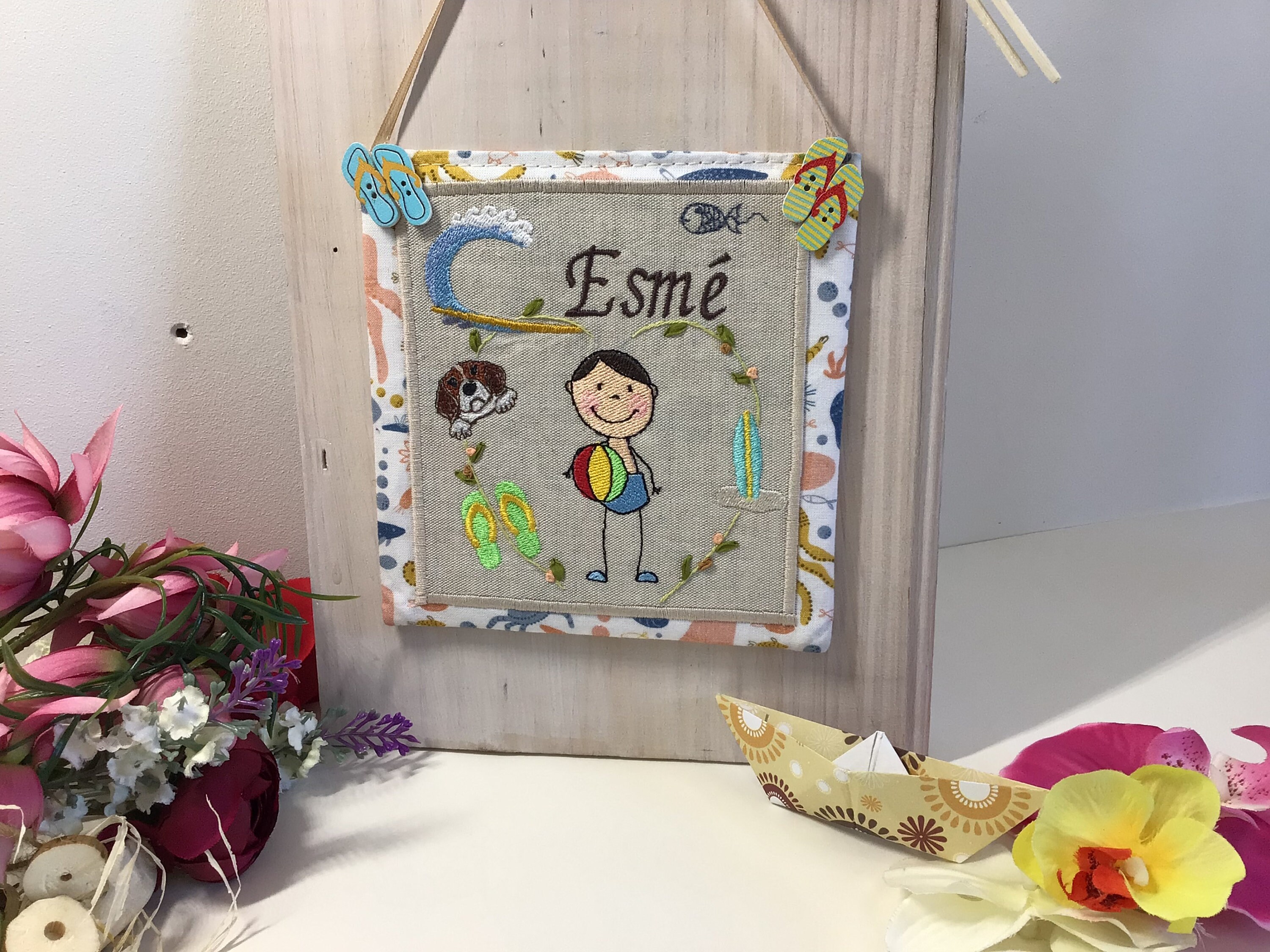 Plaque de Porte Personnalisable-Nom - Plaque Bébé Garçon , Thème Mer Brodée Cadeau Naissance,