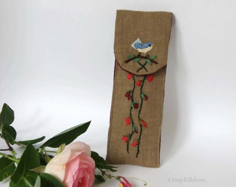 Embroidered Linen Pen Pouch: Rustic Floral Glasses Case
