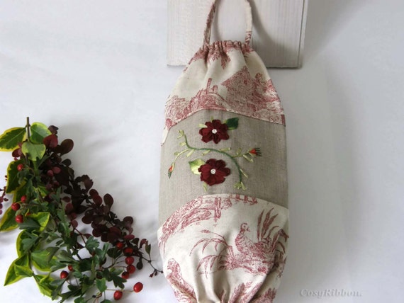 Hanging Plastic Bag Holder,French Jouy Fabric and Linen, Burgundy Silk Flowers on Linen,
