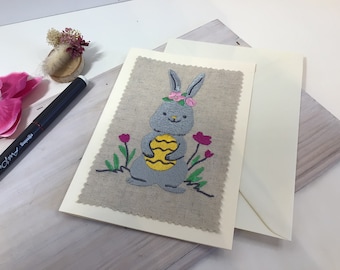 Rabbit Easter card, easter message card, embroidered easter card, Easter egg card, customizable card , card 5 x7 , collectible cards,