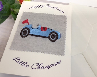 Embroidered Birthday Boy Card, Birthday Car Card, Customizable Card, Greetings Card, Blue Card , fabric card, cute card, 5 x 7 card
