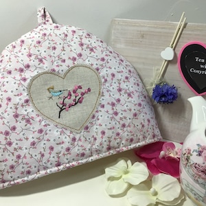 Cherry Blossom Tea Cozy: Embroidered Linen Teapot Warmer