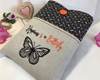 Orange and Black Padded Book Sleeve with Quote and Butterfly embroidered on an outer pocket, Bookish gift, Fabric Padded Book sleeve
