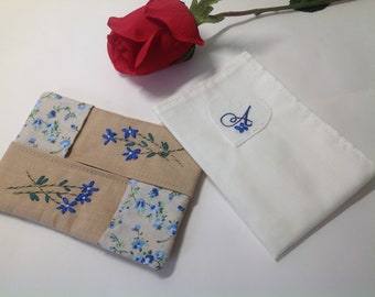 Flowers Tissue Case, Handkerchief Holder, Blue Pocket Tissue Holder, Embroidered Tissue Case & Monogrammed handkerchief, Travel Pocket case