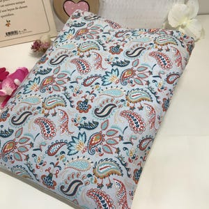 May include: A rectangular pillow with a light blue background and a repeating paisley pattern in shades of red, teal, and brown. The pillow is likely for home decor or bedding.