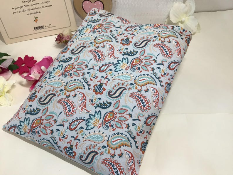 May include: A rectangular pillow with a light blue background and a repeating paisley pattern in shades of red, teal, and brown. The pillow is likely for home decor or bedding.