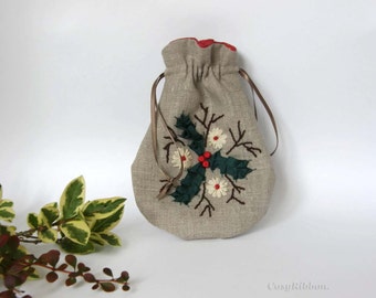 Christmas fabric gift bag, embroidered holy design on linen pouch, drawstring Christmas pouch