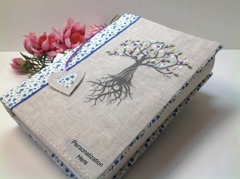 Book Cover, Bible Cover, Tree of Life Book Protector, Book Case, Custom Bible Cover, Trade Size Cover, Flowers, Book Cover, Purple Cover blue flowered