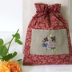 Linen and Cotton Pouch, travel drawstring bag, bag gor her, red flowers pouch, embroidered bag, keepsake jewelry bag, wedding favor pouch image 2